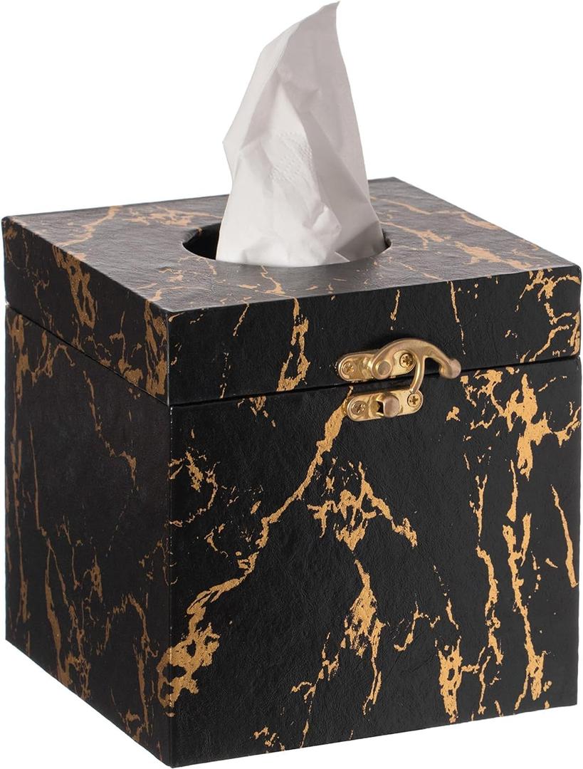 Black and Gold Marble Tissue Box Cover for Kleenex Box, Modern Elegant Tissue Box Holder with Lock for Bathroom, Bedroom, and Living Room, Square Shape Toilet Tissue Holder Organizer (Black and Gold Square)