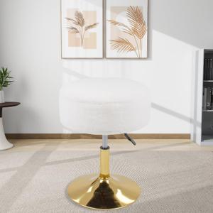 White Vanity Stool for Makeup Room, Faux Fur Vanity Chair Height Adjustable Round Storage Ottoman, 360 Swivel Footrest for Living Room Bedroom (15 inches)