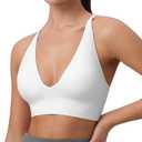 Womens Deep V-Neck Longline Sports Bra, Strappy Criss Cross Padded Cups Adjustable Spaghetti Straps Workout Yoga Crop Top (Large, White)