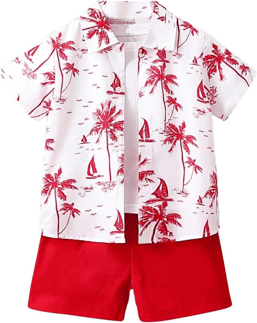 Boy's 2 Piece Boho Outfits Short Sleeve Tropical Button Down Hawaiian Shirt Tops and Track Shorts (Red), Size: 6Y