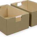Foldable Fabric Storage Baskets Set of 2 for Shelves, Linen Decorative Storage Bins with Wooden Handles, Small Organizer Cubes for Closet, Rectangle Canvas Boxes for Organizing, Decor (Brown 2 Pack)