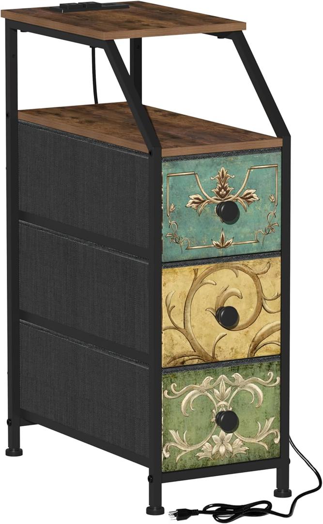 Tohomeor Narrow Dresser Tall Skinny Storage Tower Vertical Slim Chest of Drawers with Charging Station Small Nightstand Side Table for Bedroom, Bathroom, Small Spaces (Retro Flower, 3 Drawers) (18.9"D x 9.8"W x 28.4"H (3 Drawers))