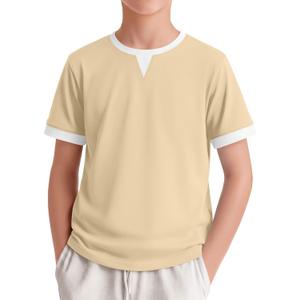 Boys Short Sleeve Shirts Crew Neck Color Block Kids T-Shirts Casual Basic Lightweight Tees Summer Patchwork Tops(Apricot&White,13-14 Years)