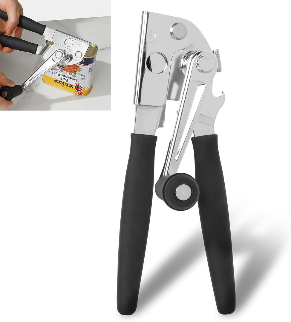 Commercial Can Opener with Magnet, Manual Heavy Duty Folding Hand Crank Can Opener Smooth Edge with Comfortable Long Handles, Fit All Size Cans, Large Cans (Black)