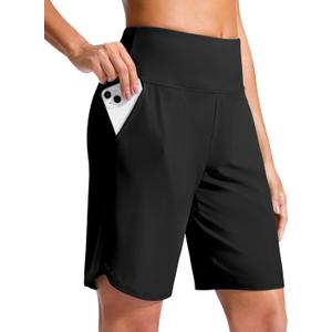 G Gradual Women's 9" Long Swim Board Shorts High Waisted Quick Dry Beach Swimming Shorts for Women with Pockets Liner (Black)