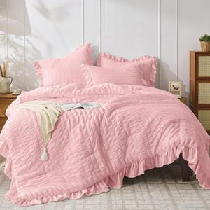 JOLLYVOGUE Pink Seersucker King Comforter Set, 3 Pieces Bed in a Bag Comforter Set, Lightweight & Fluffy Bedding Sets King for All Season with 1 Ruffle Comforter and 2 Ruffle Pillowshams