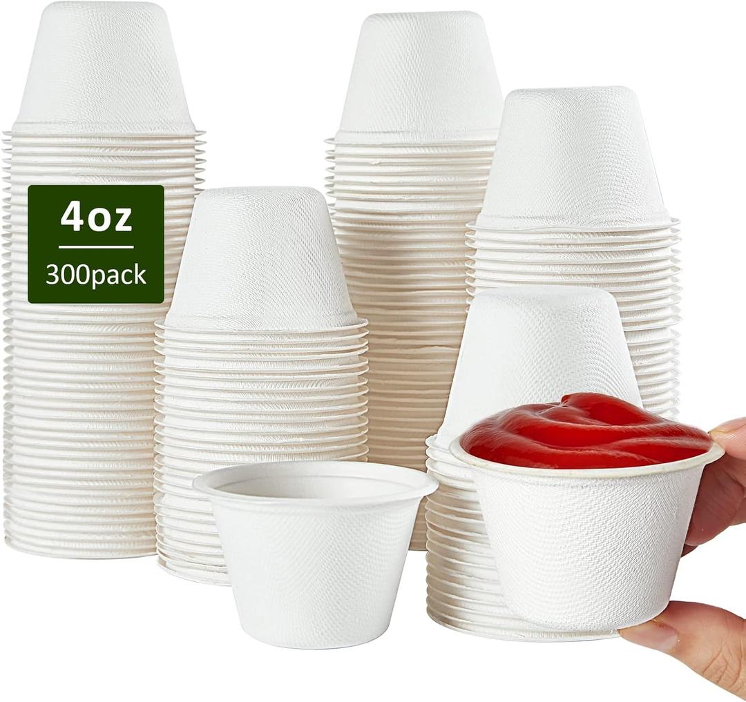 Vplus 300 Pack 4 OZ Disposable Souffle Cups, 100% Compostable Portion Cups, Made From Bagasse Fibe, Perfect For Dips, Food Sample, Jams, Honey, Sauces, Nuts