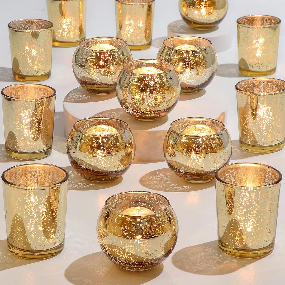 27 Pcs Assorted Gold Votive Candle Holders for Wedding Table Centerpieces, Glass Tea Lights Candle Holder for Diwali Decorations, Wedding Decorations, Vintage Boho Home Tea Party Decor