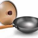 Calmabode 13 Large Round Bottom Carbon Steel Wok with Glass Lid | Large traditional Chinese round-bottom wok for gas stoves, nitrided carbon steel, glass lid, ideal for family stir-fry
