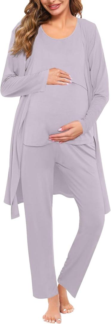 SWOMOG Maternity Nursing Robe Set 3 PCS Women Postpartum Pajamas Breastfeeding Labor Delivery Hospital Pregnancy Pjs (Lilac Purple, Small)