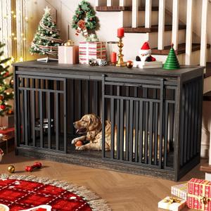 DWVO 55" Extra Large Dog Crate Furniture, Heavy Duty Metal Dog Kennel TV Stand with Sliding Door, Wooden Dog Cage Table with Dog Bowl for Extra Large Medium Dogs or 2 Small Dogs Black Oak