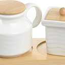 Ceramic Sugar and Creamer Set, Coffee Bar Accessories Cream Pitcher and Sugar Bowl with Lid, Spoon and Wooden Tray, White Creamer Pitcher for Afternoon Tea, Cream, Coffee Syrup and Condiments