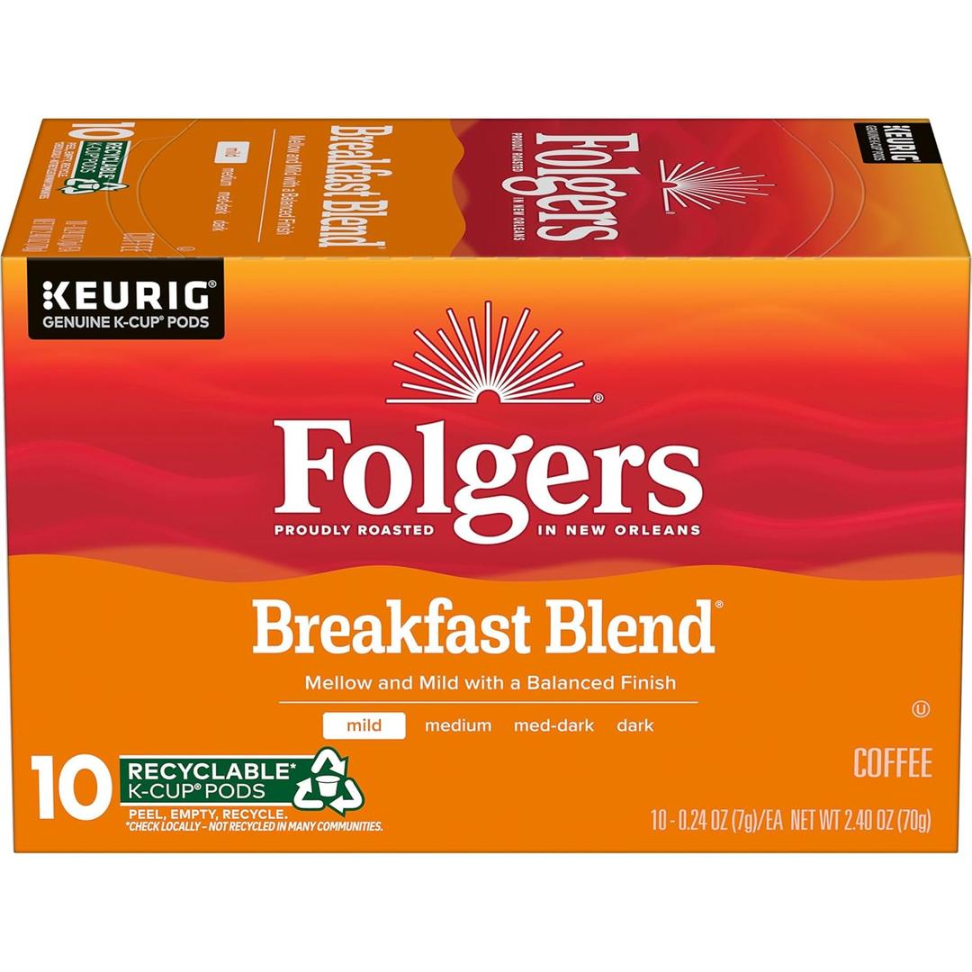 Folgers Breakfast Blend Coffee, Mild Roast, Keurig K-Cup Pods, 10 Count Box, Pack of 2, Best By 12/11/26