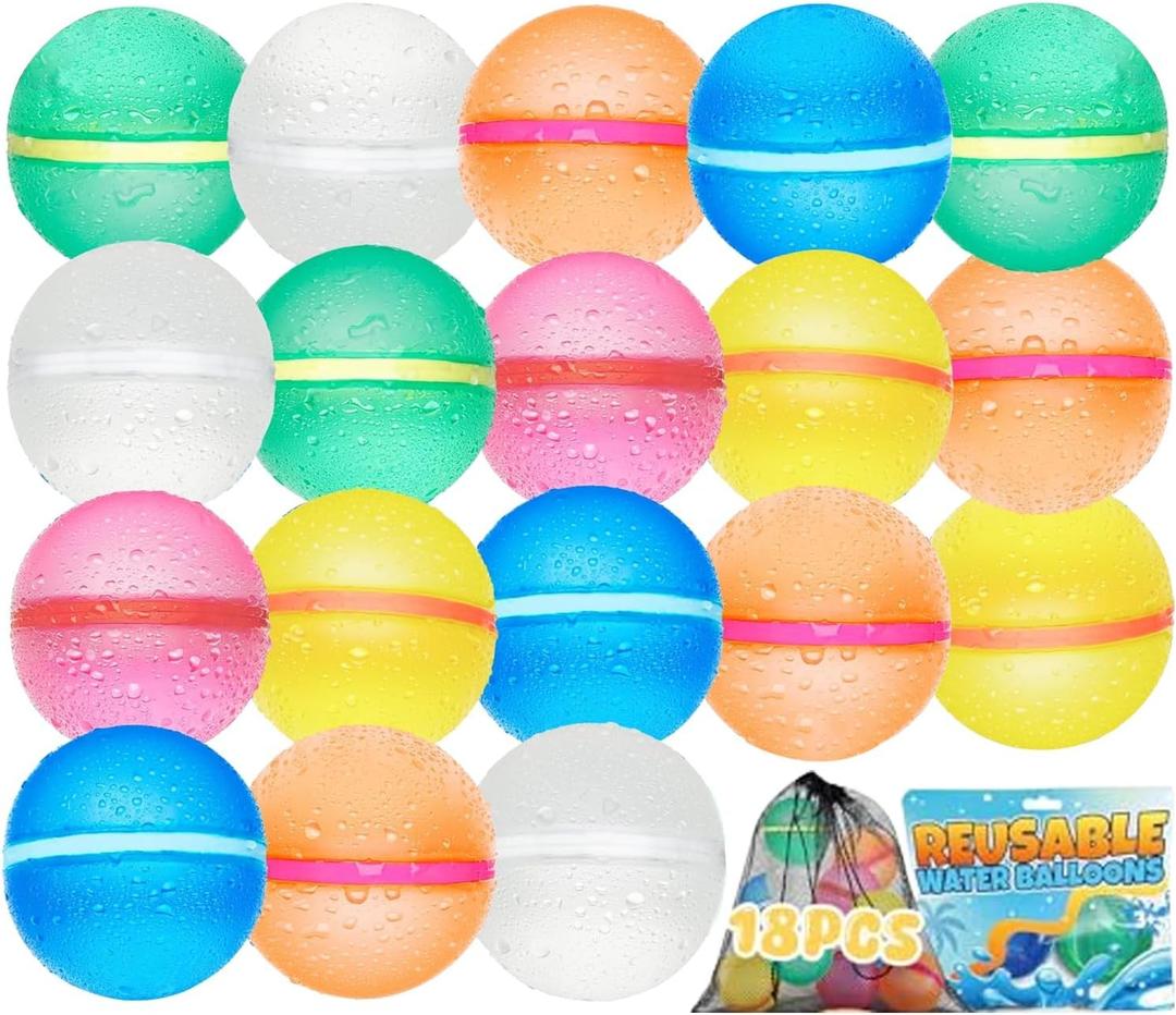 Reusable Water Balloons 18PCS: Quick Fill Water Balls Toys for Pool Backyard Beach, Self-Sealing, Refillable Silicone Magnetic Water Bombs for Kids Boys & Girls, Summer Toys Games Outdoor Activities