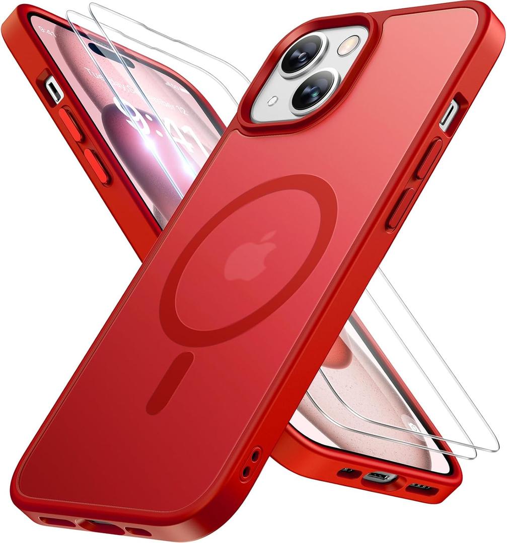 Miracase Magnetic for iPhone 15 Case (Compatible with MagSafe)with 2X Screen Protectors Military-Grade Protection, Anti-Fingerprint Translucent Matte Phone Cover for iPhone 15 6.1 inch, Red