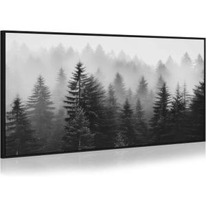 Foggy Mountain Canvas Wall Art: Black and White Misty Forest Framed Picture Modern Pine Tree Painting Nature Landscape Prints Large Artwork for Bedroom Living Room Home Office