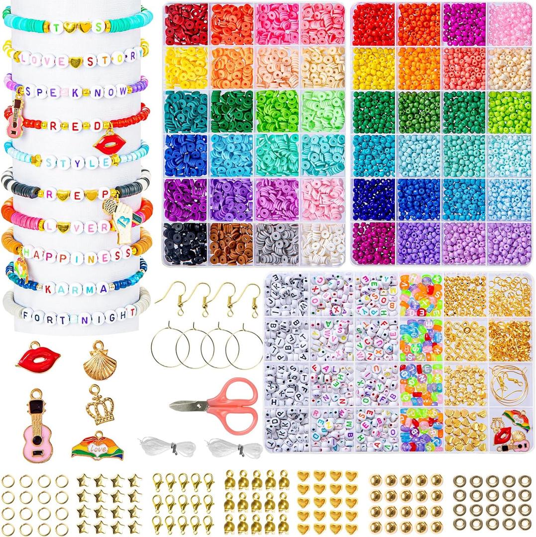 Goldwise Friendship Bracelet Kit 3 Boxes-6240 Pcs 48 Colors Bracelet Making Kits with Clay Beads, 2880 Pcs 4mm Glass Seed Beads and 960 pcs A-Z Letter Beads with Charms for Party Birthday Gift