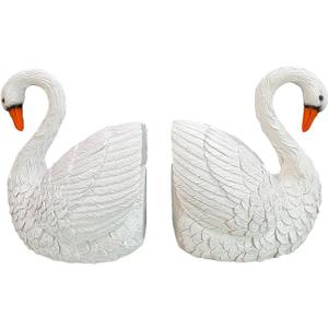 Swan Bookends Set of 2, White Resin Swan Figurine Book Ends for Shelves, Decorative Book Holders for Home Office, Heavy Duty Swan Decor for Living Room, Desktop Organizer Book Stoppers