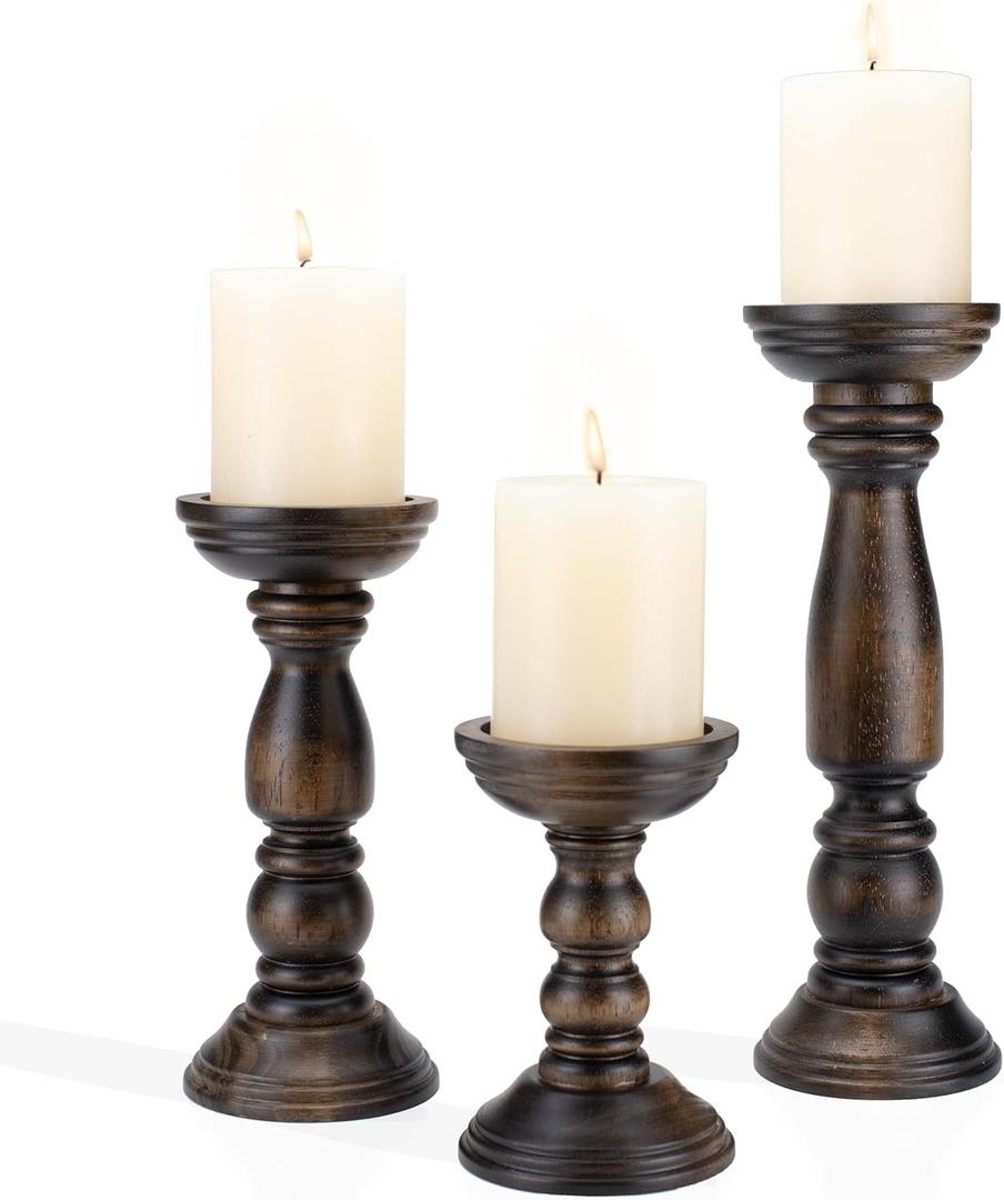 Farmhouse Wooden Candle Holders for Pillar Candles Set of 3, Rustic Wood Candle Holder Table Centerpiece Decor, 12'' 9'' 6'' Vintage Tall Candle Stand Decorative, Dark Brown