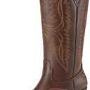 Athlefit Women's Square Toe Cowboy Cowgirl Boots Low Chunky Heel Embroidery Western Mid Calf Boots for Country Concerts (11, Brown)