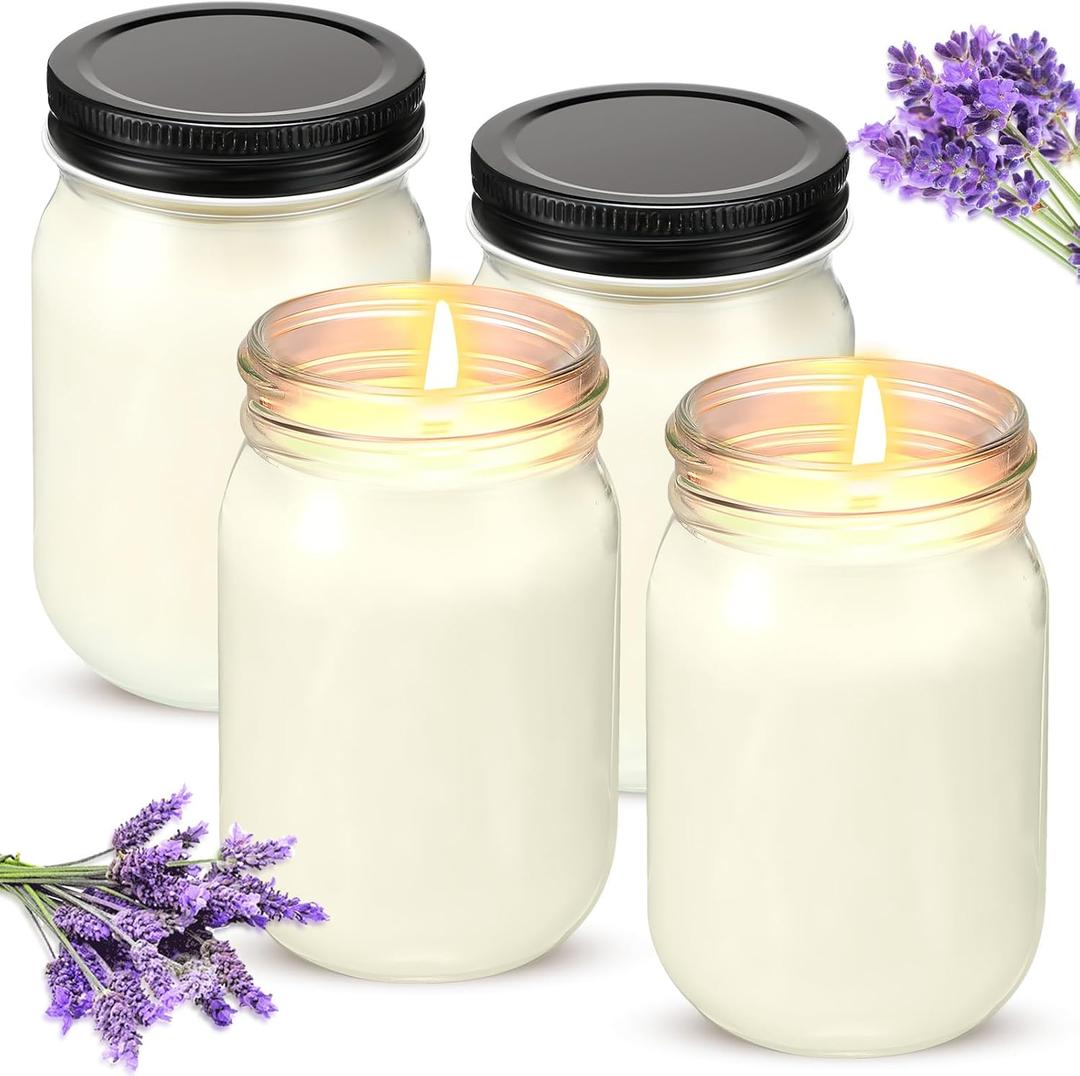 MTLEE 4 Pack 12 oz Mason Jar Candle Soy Candles with Essential Oils Scented Soy Wax Candles for Home Valentine Wedding Birthday Gift Farmhouse Collection Baby Shower Party(Lavender)