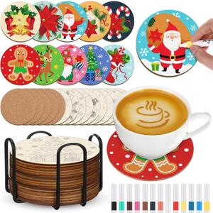 45 Pcs Wooden Coasters Painting Set with Markers 4 Inch Boho Drink Coaster Gift Arts and Crafts DIY Kit for Adults, Women, Hobby, Ornament Home Apartment Decor (Christmas)