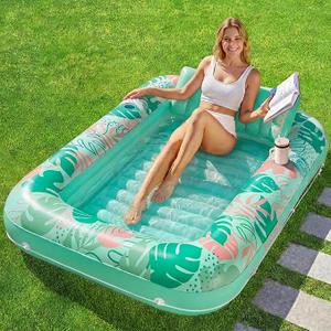 SLOOSH Inflatable Tanning Pool Lounger Float, 70" x 46" Pool Floats Adult with Pillow, 4 in 1 Suntan Tub Raft Floatie,Sunbathing Bed Lounge for Water Blow Up Ball Pit Party Gifts, L-Aqua Blue