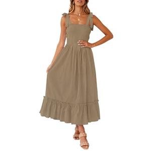 ZESICA Women's 2026 Summer Boho Spaghetti Strap Square Neck Solid Color Ruffle A Line Beach Long Maxi Dress,Khaki,X-Small