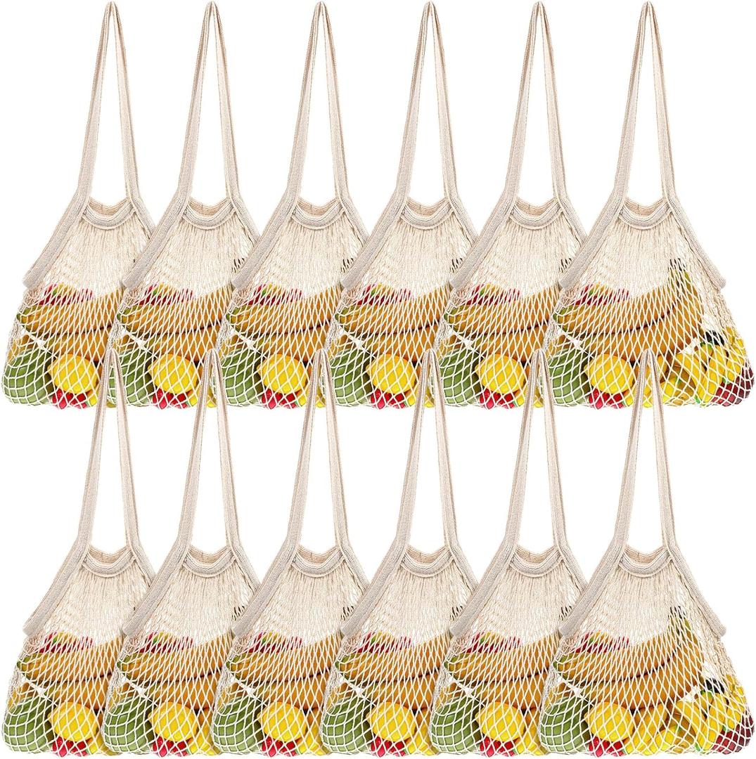 Lemecima 12 Pcs Reusable Cotton Mesh Produce Shopping Bags Washable Grocery Net Portable Fruit and Vegetable Cotton String Bags Long Handle Net Tote Organizer(Long Handle)