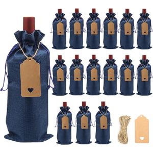 DIWNELEM 16 Pack Burlap Wine Bags, Jute Wine Gift Bags with Drawstring, Accommodates Regular 750 ml Bottles, Perfect for Weddings, Parties, Travel, Birthdays (Royal Blue)