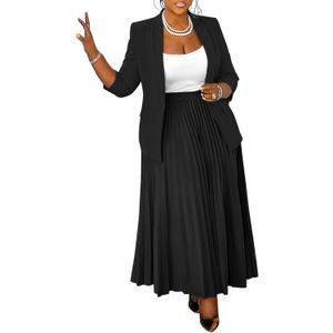Women's Plus Size 2 Piece Outfits Casual Open Front Blazer and High Waist Pleated Maxi Skirt Sets Business Suits (5X-Large, Black)