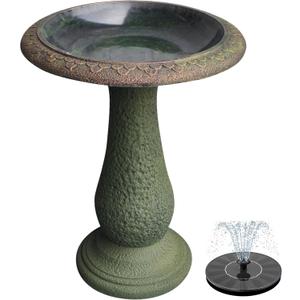 Pedestal Birdbath with Solar Fountain, Resin Stone Composite Outdoor Garden Decor, Standing Bird Bath for Outside Patio Yard, 23-Inch Tall, Garden Fountain, Resin Bird Baths, Hummingbird Bowl (Roman Green)