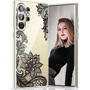 S25 Ultra Phone Case for Samsung S25 Ultra 5G Case Clear Cute Slim Thin for Women Soft Flexible Silicone TPU Cover for Samsung Galaxy S25 Ultra Case Shockproof with Lace Mandala-Flower (Black)