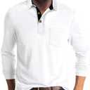Men's Casual Polo Shirts Classic Button Basic Long Sleeve Shirt Solid Color Cotton Tees Stylish Tops (Large, White)