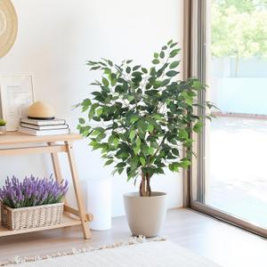 Artificial Ficus Tree 4ft, Artificial Plants Indoor with Realistic Leaves & Trunk, Fake Plants for Home Office Living Room Decor.