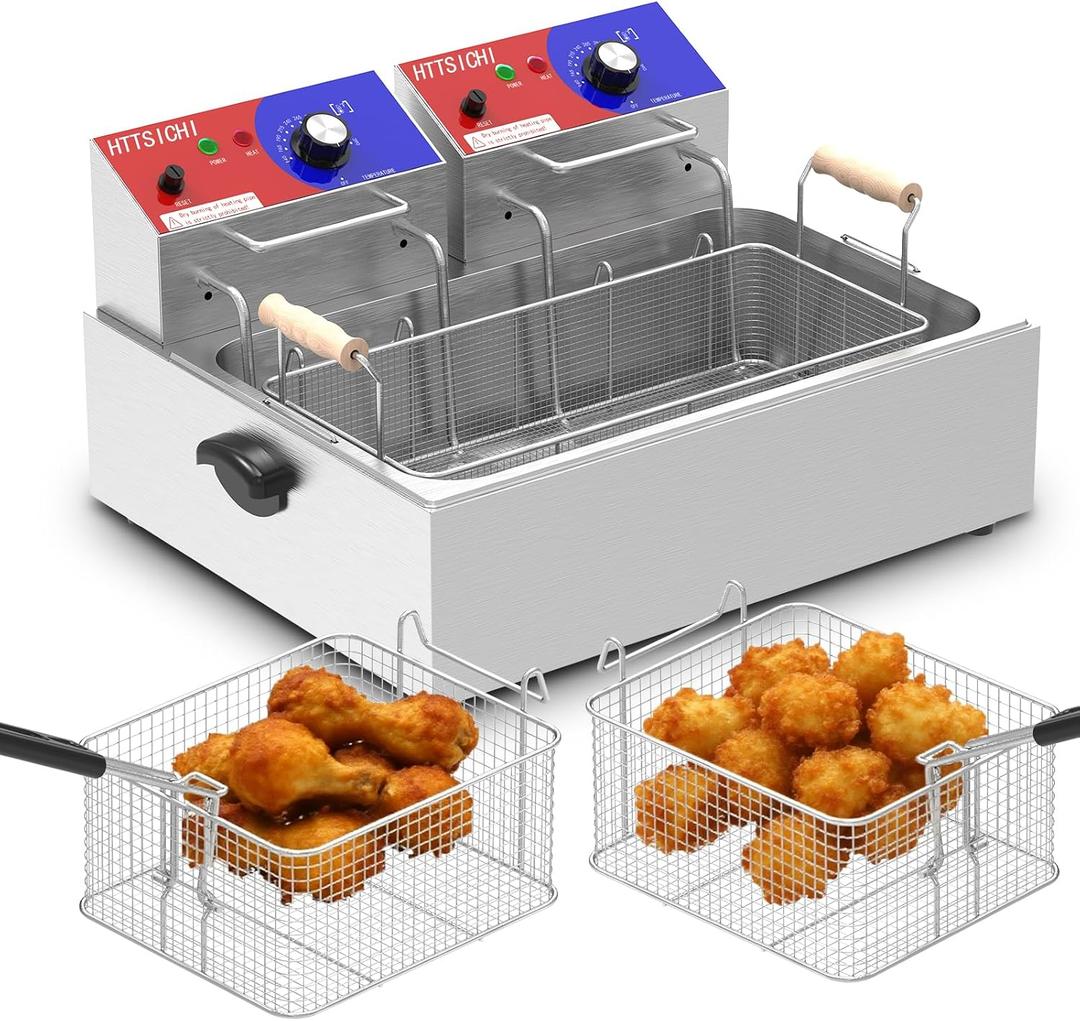 Commercial Deep Fryer - 22 L Electric Deep Fryer with 10 L Basket(3Pcs), 3400W High Power Commercial Deep Fryer with Basket, Stainless Steel Commercial Fryer w/Adjustable Temperature and Lid