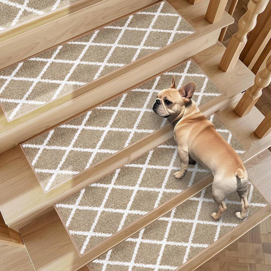 Non-Slip Stair Treads for Wooden Steps Indoor, 4 Pack 9" X 28" Edging Stair Carpet Mat with TPE Backing, 0.4" Thick Stair Runners for Kids Elders & Pets, 100% Polyester Stair Rugs, Beige&White