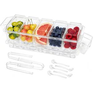 IVYHOME Chilled Condiment Server, Taco Bar Serving Set, Versatile Ice Containers, with 5 Lidded Containers and Detachable Ice Storage Layer, 2 Hanging Cups for Storing Tong and Forks