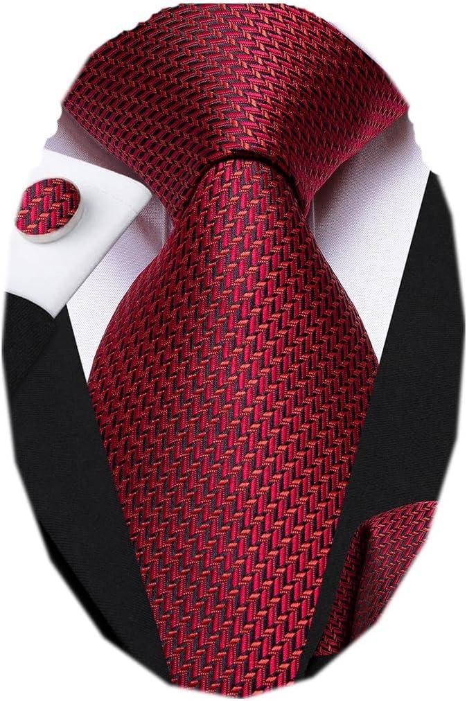 Dubulle Mens Paisley Floral Silk Tie for Men Striped Necktie and Pocket Square Cufflinks Set Wedding Business (Black and Red)