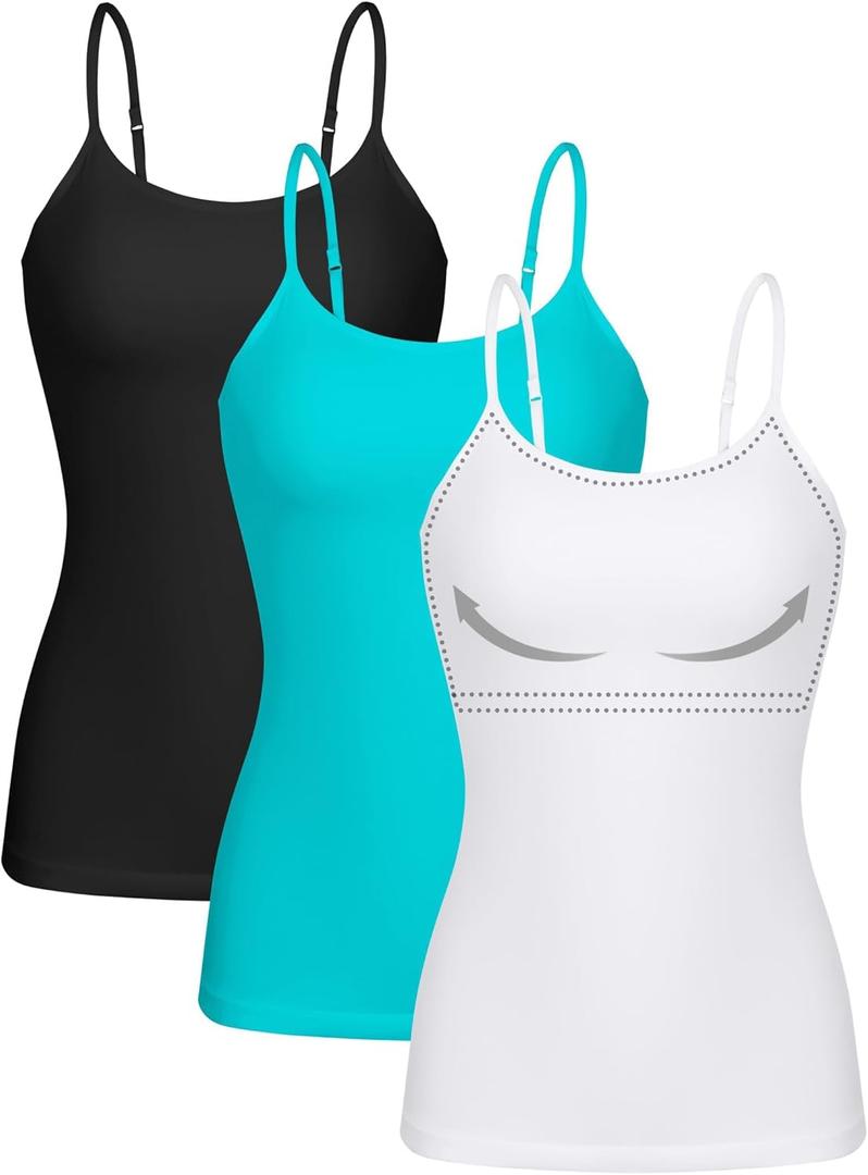 ATTRACO Women 3 Pack Cotton Camisoles wtih Shelf Bra Adjustable Spaghetti Strap Tank Tops (Small, #3 White/Black/Turquoise)