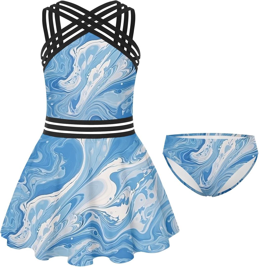 ADUKIDE 9-18T Girls Two Piece Tankini Swimsuits Teens Criss Cross Straps Bathing Suit Flowy Swimdress with Bottom (Blue)