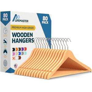 Lifemaster Wooden Hanger Set - 80 Pieces Non-Slip Versatile Closet Space-Saving Hanger Set for Suit, Coat, Camisole, Jacket, Pants, and Dresses with Rotating Swivel Hook - Natural Wood