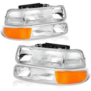 Headlights Assembly Compatible with 1999-2002 Chevy Silverado 1500 2500, 2000-2006 Chevy Tahoe Suburban Headlamp Assembly, Chrome Housing, OE Replacement Halogen head light assembly set