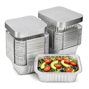 FUIIKEEM 100 Pack - Aluminum Pans with Lids -1LB(5"Ã—4"),Foil Pans - to Go Food Containers,Recyclable Aluminum Foil with Strong Seal for Cooking, Baking,Meal Prep,Take Out,Freeze