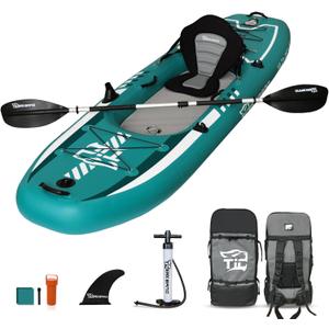 TIGERXBANG 10.2'x35''x8'' Inflatable Kayak with Detachable Seat, SUP-Kayak Set Includes Hand Pump/ Aluminum Oar/ Backpack, Inflatable Boat for Adults/ Kids | for Fishing, Touring-Green