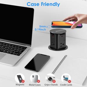 ANNQUAN 3.15" Pop Up Countertop Outlet with 15W Wireless Charger,Max 20W Power Delivery,800J Surge Protection,Pop Up Socket with with 4 USB,3ft Cord,ETL Listed (Black)