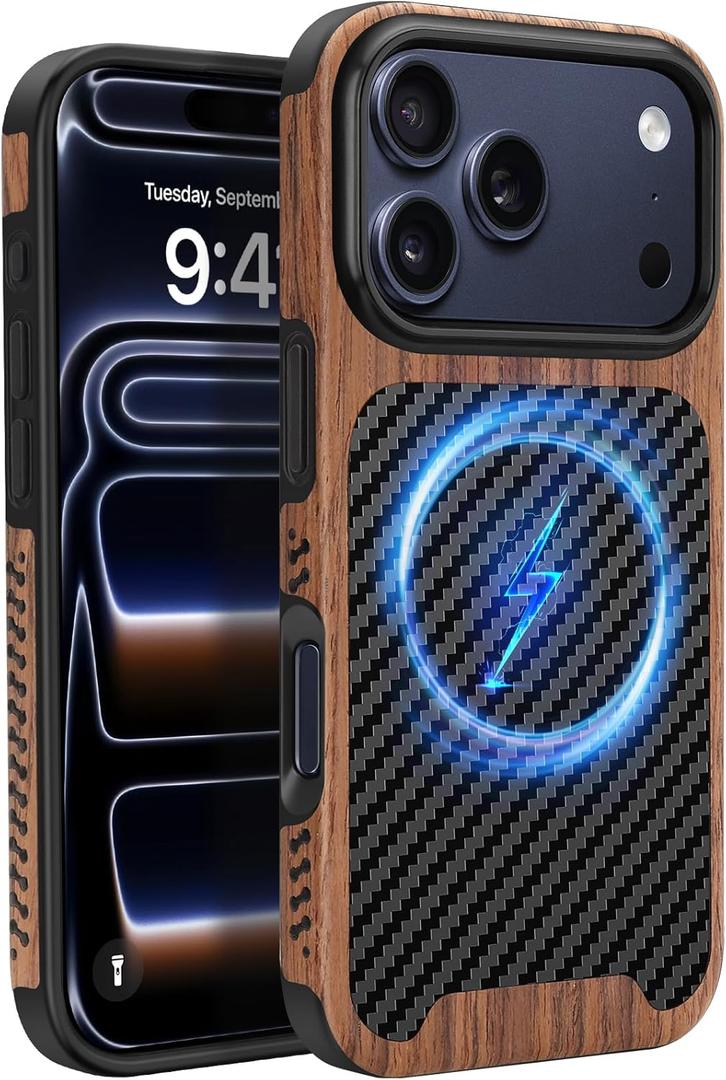 Magnetic Case Compatible with iPhone 17 Pro Max Case [Compatible with MagSafe] Wood and Leather Carbon Fiber Design Hybrid Shockproof Phone Case 6.9" (Black)