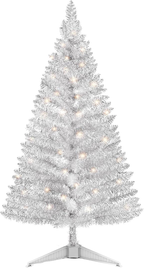 4ft Lighted Silver Artificial Christmas Tree with Lights,Snowy Artificial Xmas Tree, Not Pre-lit Small Xmas Pine Tree for Home Office Party Decor (Sliver)