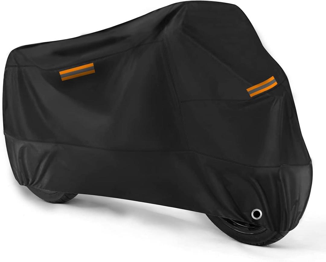 Universal Motorcycle Cover Waterproof Outdoor Storage All Weather Rain Snow Sun Winter All Season Durable with Lockholes & Night Reflective Black Oxford 108" Extra Large Heavy Duty Protection