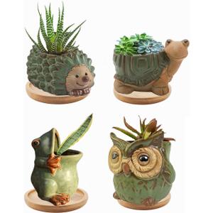 4pcs Green Animal Shaped Planter Small Succulent Pot Small Succulent Pots with Drainage, Ceramic Animal Planter, Indoor Plant Container Planter with Drainage Hole Home Office Desk Garden Gift